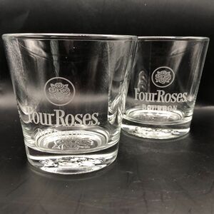 Four Roses Bourbon Whiskey Etched Glasses Set of 2 Embossed Rose Bottom 6oz